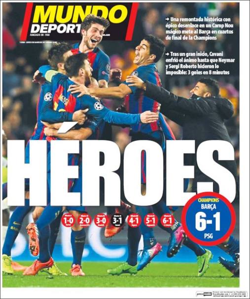 Eroi. Una parola, mille emozioni: il quotidiano sportivo catalano celebra cos la straordinaria impresa degli uomini di Luis Enrique.